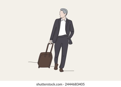 man posing while on business trip.colored.Business travel one-line drawing