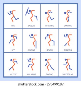 Man positions based on one single curve. Man activities vector signs.