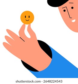 Man with positive smiley in hands. Emotions in social networks. Flat vector illustration.