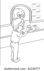 Man in post office. Outline illustration