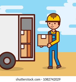 man postal delivery courier man in front of cargo truck delivering package