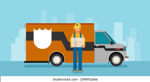 Man postal delivery courier man in front of cargo van delivering package.