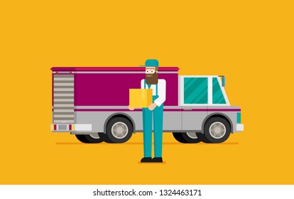 Man postal delivery courier man in front of cargo van delivering package.