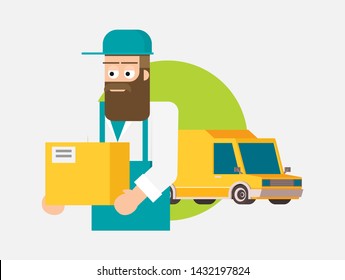 Man postal delivery courier man in front of cargo van delivering package.