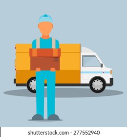 Man postal delivery courier man in front of cargo van delivering package.