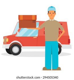 Man postal delivery courier man in front of cargo van delivering package.