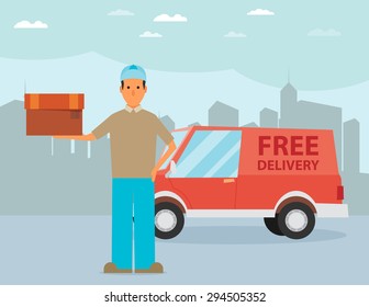 Man postal delivery courier man in front of cargo van delivering package.