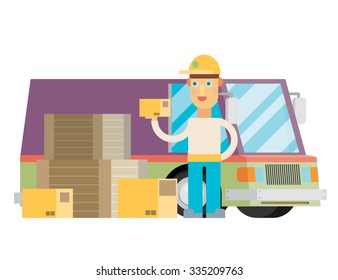 Man postal delivery courier man in front of cargo van delivering package.