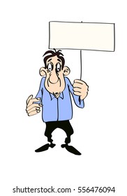 Man with a poster in his hands, isolated on a white background.