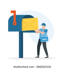 Man postman with bag on shoulder put letter in mail box. Concept of express mail delivery service. Vector Illustration