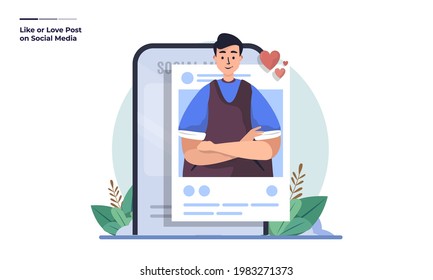 A man posts a photo on social media illustration concept, Posting photo profile on social network