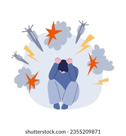 Un hombre con trastorno de estrés postraumático. Paciente con TEPT. Ilustración vectorial plana del trastorno mental.