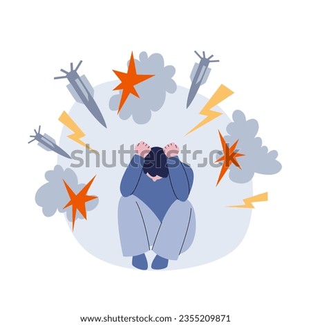 A man with post-traumatic stress disorder. PTSD sufferer. Flat style vector illustration of mental disorder.