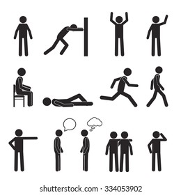 Man posture pictogram and icons set. People sitting, standing, running, lying, talking. Human body action poses and figures. Vector illustration isolated on white background.