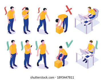 Man postures isometric set with wrong and good standing walking lifting sitting at computer positions vector illustration