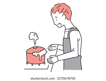 Man with pot spilling over in kitchen