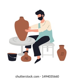 Man potter in apron making ceramic bowl and pot. Craftsman and pottery. Artist molding jar and jug. Vector illustration in flat style