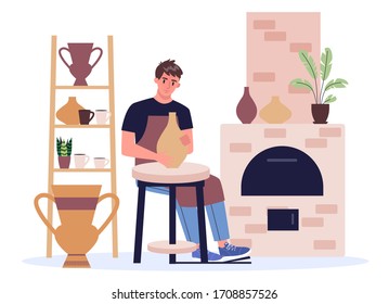 Man potter in apron making ceramic bowl and pot. Craftsman and pottery. Artist molding jar and jug. Vector illustration in flat style