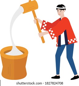 man pounding rice cake in a mortar with a mallet