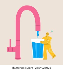 Man pouring clean water from faucet. Healthy environment concept. Colorful vector illustration
