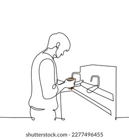 man pouring coffee from coffee machine - one line drawing vector. barista in coffee shop