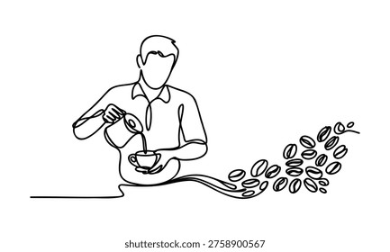 Man pouring coffee from pot into cup with coffee beans