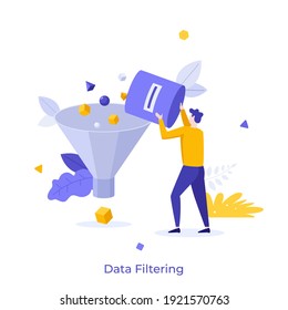 Man pouring geometric shapes into funnel. Concept of raw data set filtering and refining, filtration of digital information, file sorting and organization. Modern flat colorful vector illustration.