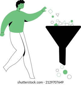 Man pouring geometric shapes into funnel. Concept of raw data set filtering and refining, filtration of digital information, file sorting and organization. Modern flat colorful vector illustration.