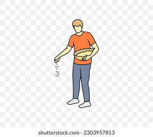 Man pouring grain from a basket, farmer and agriculture, colored graphic design. Man sows grain throwing it on the ground, farm and farming , vector design and illustration