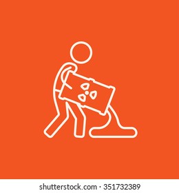 A man pouring the liquid from the barrel with ionizing radiation sign for web, mobile and infographics. Vector white icon isolated on red background.