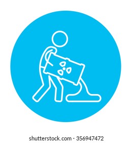 A man pouring the liquid from the barrel with ionizing radiation sign for web, mobile and infographics. Vector white icon on the light blue circle isolated on white background.