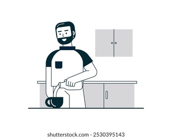 Hombre que vierte la botella de leche en el vaso, haciendo café lechoso en la mañana. Diseño de personajes. Ilustración vectorial plana