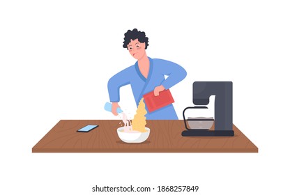 Man pouring milk in cereal flat color vector detailed character. Guy in robes in kitchen. Prepare breakfast. Morning routine isolated cartoon illustration for web graphic design and animation