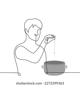 man pouring a pinch of spices into a saucepan - one line drawing. concept adding spices when cooking