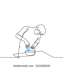 man pouring something into a deep plate - one line drawing vector. concept male householder doing housework or mixing ingredients to prepare a dish