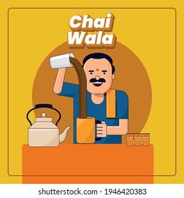 Man pouring tea in cup. Chai wala. Tea Seller. Indian Chai Wala. vector illustration