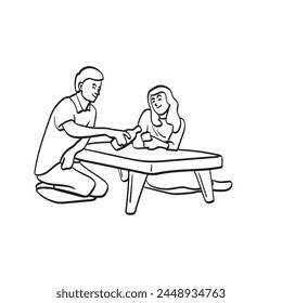 hombre que vierte el té en la taza de su novia en la ilustración Pequeña de la mesa de Vector dibujado a mano aislado sobre fondo blanco