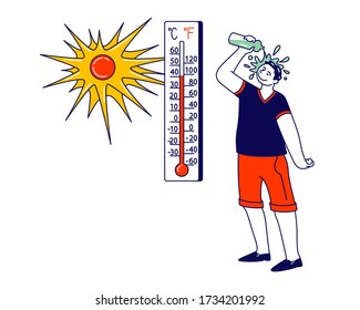 Man Pouring Water from Bottle on Head Avoiding Heat Stroke under Fierce Heating Sun Rays. Male Character Suffering of High Temperature during Summer Time at Home or Outside. Linear Vector Illustration