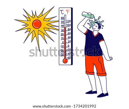 Man Pouring Water from Bottle on Head Avoiding Heat Stroke under Fierce Heating Sun Rays. Male Character Suffering of High Temperature during Summer Time at Home or Outside. Linear Vector Illustration