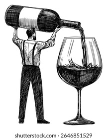homem derramando vinho de grande garrafa em copo de vinho gigante isolado no fundo branco mão desenhada linha arte esboço ilustração cartaz degustação bar beber design