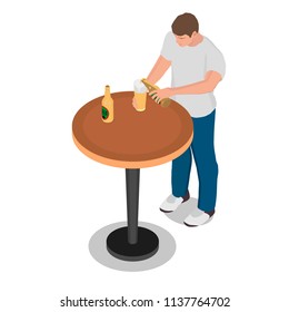 A man pours beer into a glass. A man is standing at a table drinking beer.