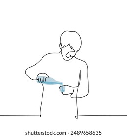 man pours a bottle into a small glass - one line art vector. concept of getting drunk alone, pouring vodka. Handmade vector not AI