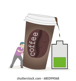 A man pours coffee into a battery. The concept of vivacity and efficiency. vector illustration.