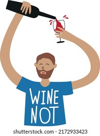 Man pours wine into a glass flat style illustration, vector character bartender with bottle of wine, lettering and quote