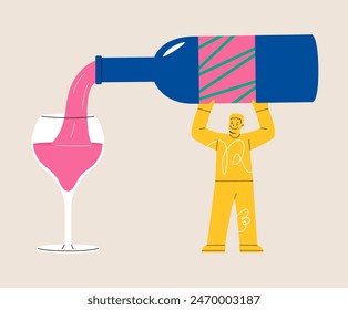 Man pours wine into large glass. Colorful vector illustration
