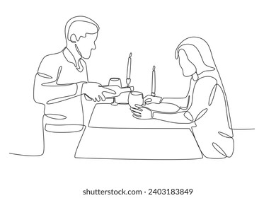 A man pours wine on his girlfriend. Candle light dinner one-line drawing