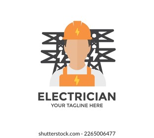 A man power engineer in helmet inspects power line logo design. Person Profile, Avatar Symbol, Male people icon. Male professional engineer service worker vector design and illustration.
