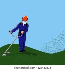 Man with power tool mowing grass