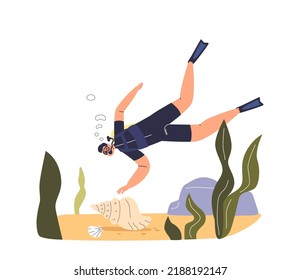 Muchos practican el submarinismo en las vacaciones de verano en la zona turística. Un chico joven con traje de baño y máscara de buceo explora el fondo marino. Actividades náuticas y actividades de ocio. Dibujo vectorial plano de dibujos animados