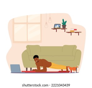 Man Practice Sports Activity at Home Watching Tutorial on Laptop. Male Character Stand in Plank Stretching Legs and Arms. Online Exercises, Healthy Lifestyle. Cartoon People Vector Illustration